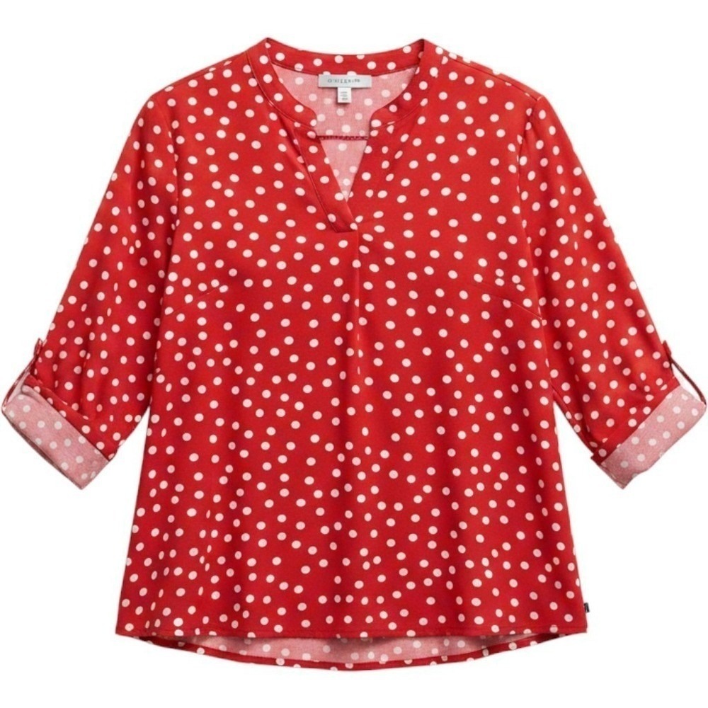 Cato Womens Red White Polka Dot Roll Tab Sleeve Split V-Neck Blouse Small